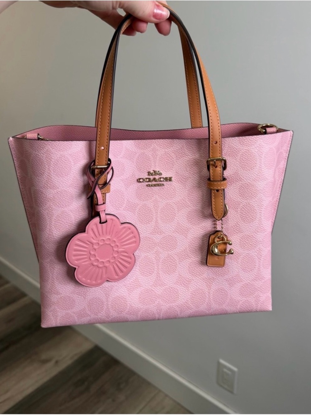 Coach Pink Signature Tote with Tan Handles